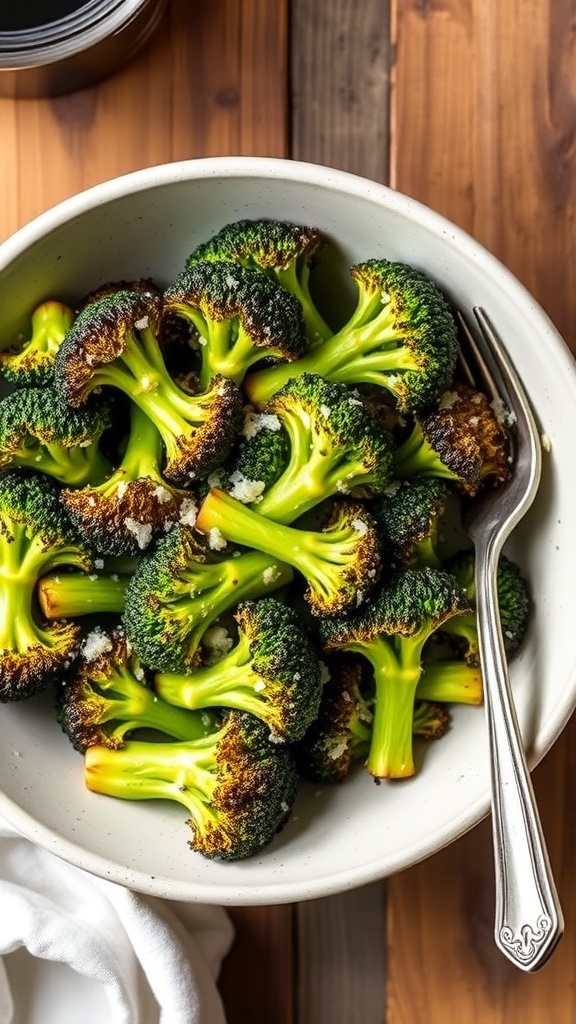 Air fryer balsamic roasted broccoli garnished with Parmesan cheese in a bowl on a wooden table.